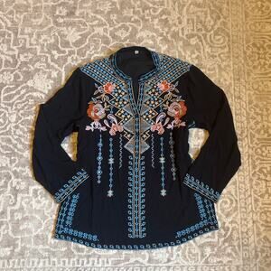 Boutique black western floral embroidered long sleeve blouse SIZE S